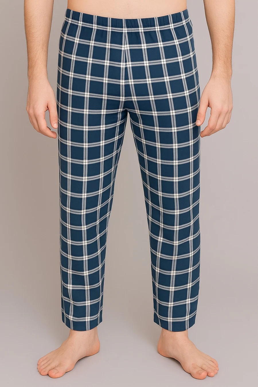 Men’s Check Pajama Bottom – Navy Cotton Fleece Lounge Pants, Soft Warm Casual Sleepwear Trousers for Winter