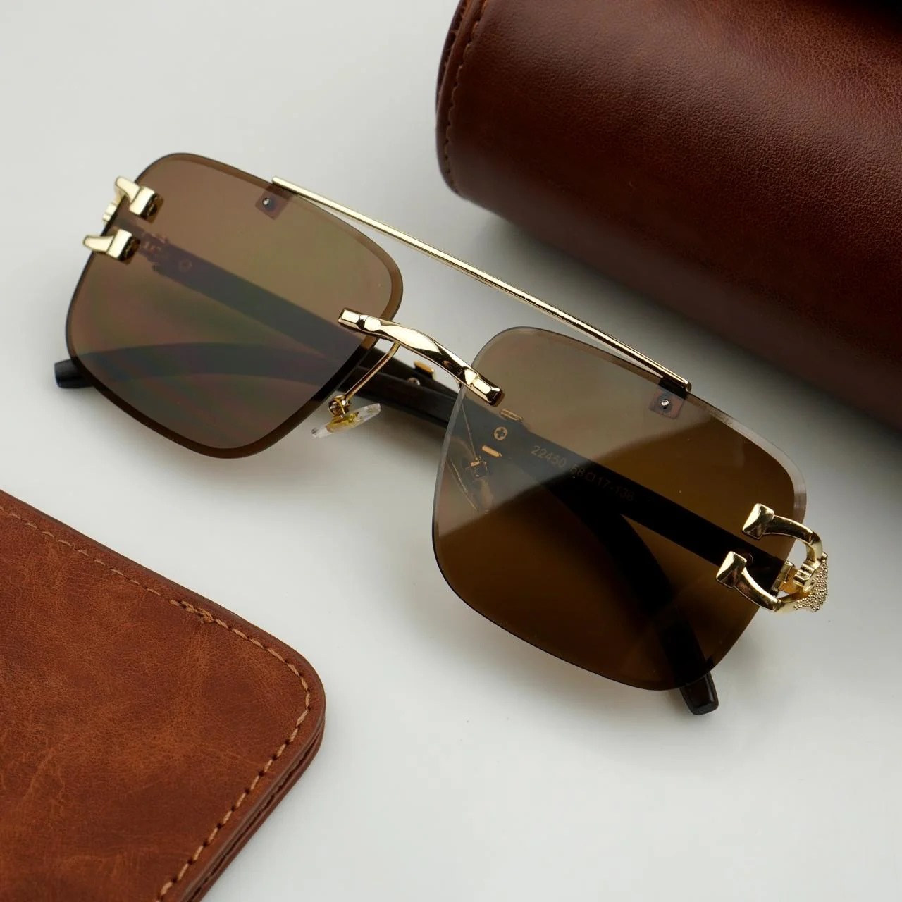 Modern Rimless Sunglasses for Men – Premium Gold Metal Detailing, Brown Lens | With Pouch & Hard Case Box