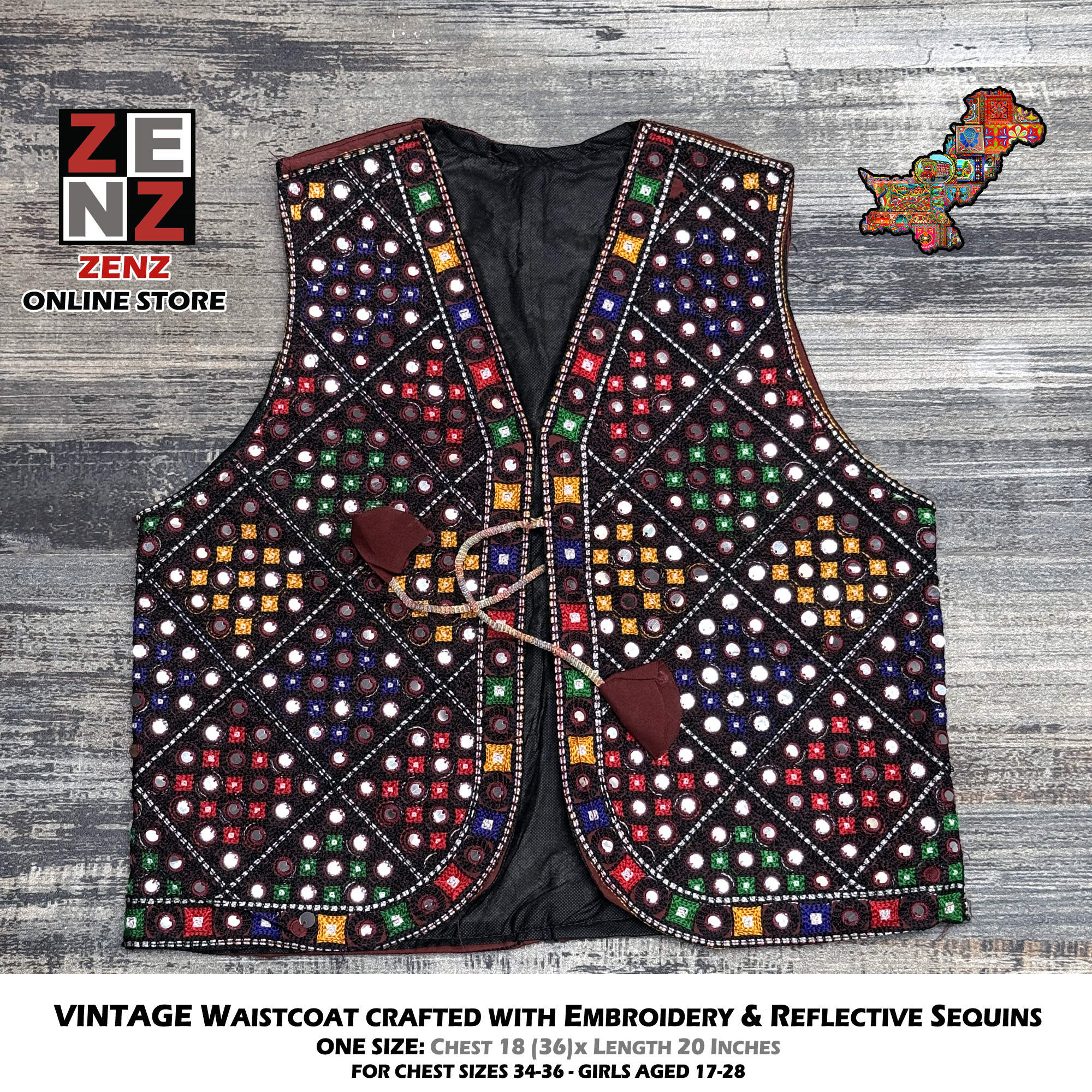 Pakistani Sindhi Balochi Pathan Kashmiri Traditional & Cultural Wear Waistcoat Koti Aari Embroidered Multicolor by ZENZ