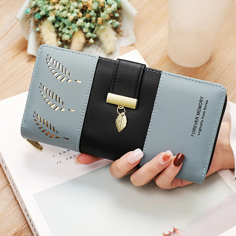 Hollow Leaves PU Leather Women's Long Wallet Fashion Female Coin Purses Hasp Zipper Hand Clutch for Women