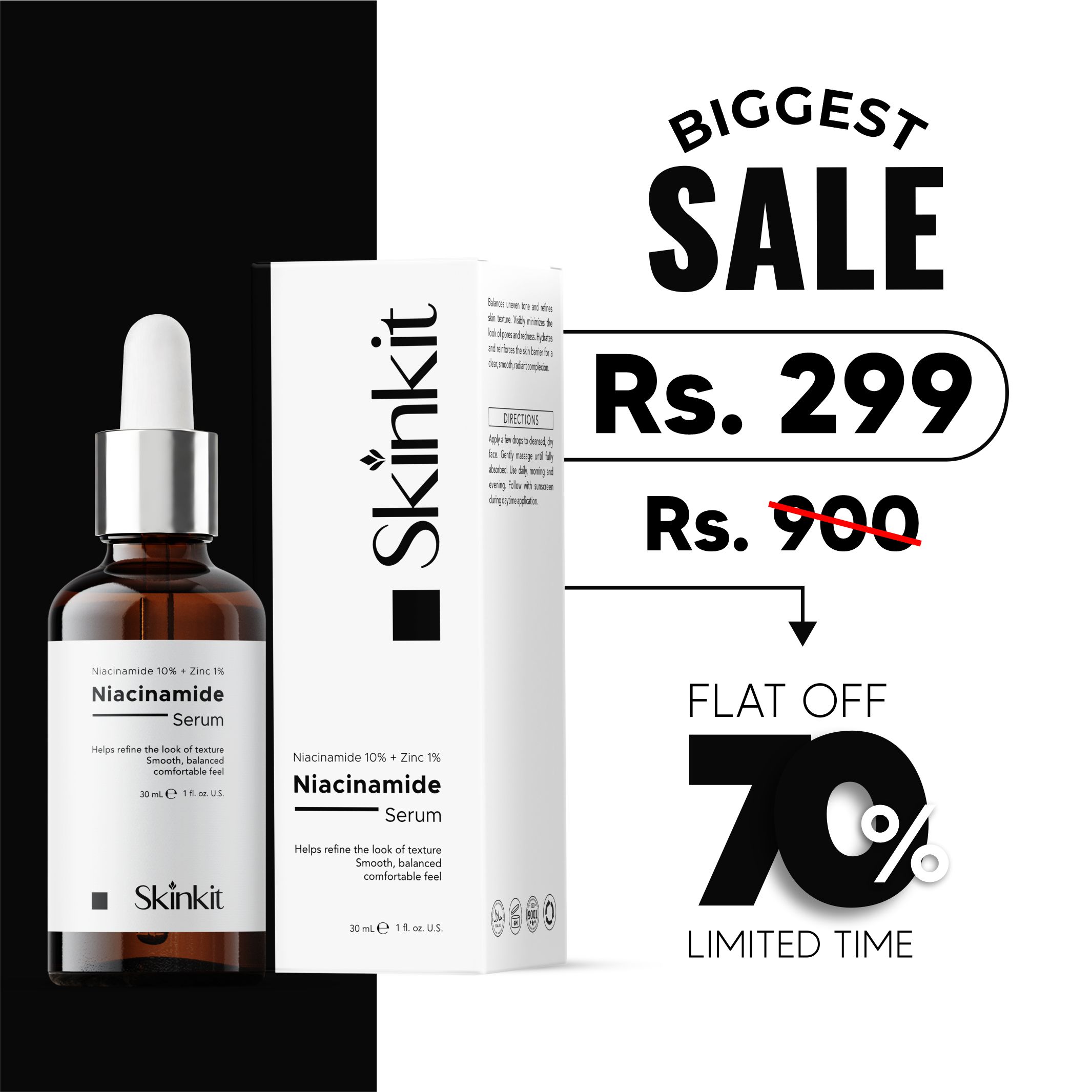 SkinKit Niacinamide 10% + Zinc 1% Serum | Pore Refining & Oil Control Face Serum | Anti-Blemish & Brightening Serum for Acne-Prone Skin | Men & Women Skincare Pakistan