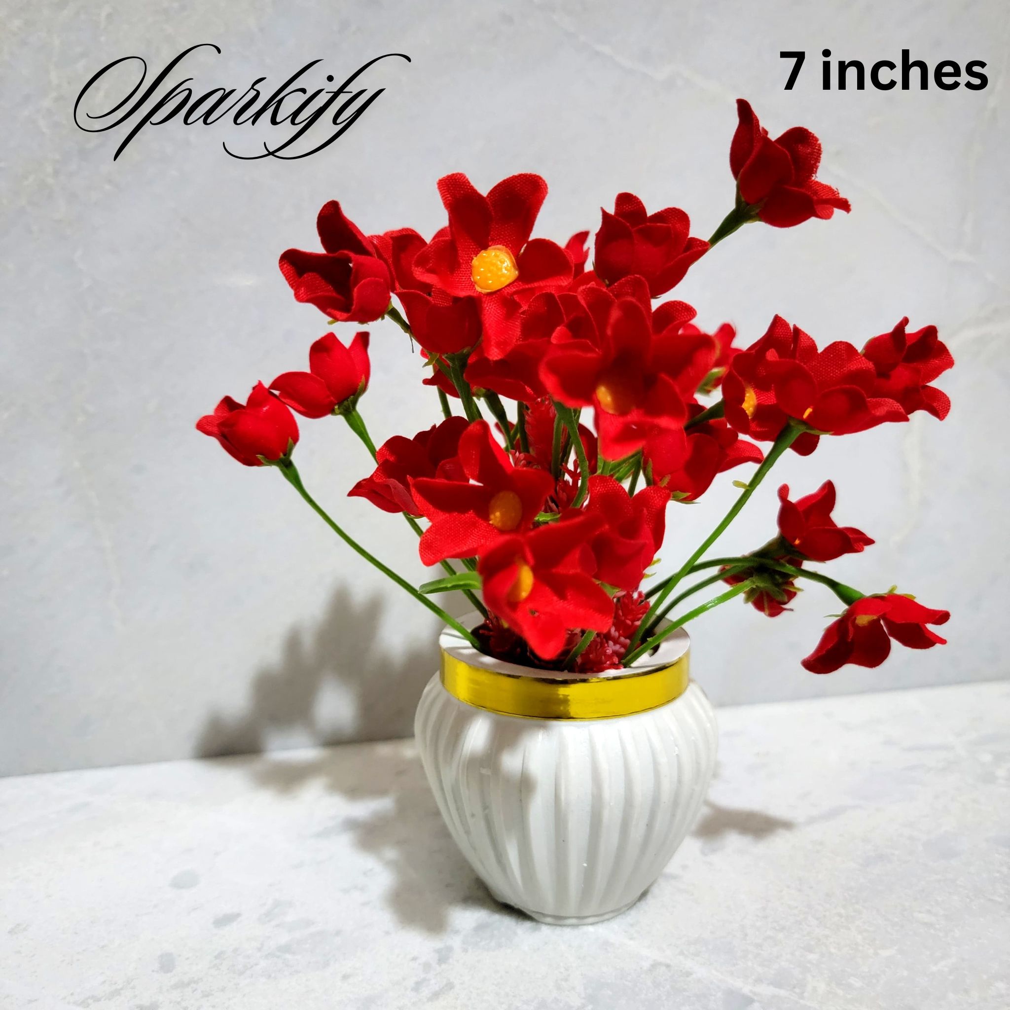 Artificial 7 inches high quality medium size plants in medium size white round shape pots width 3 inches | Beautiful table top artificial trees for house, room and office decoration.