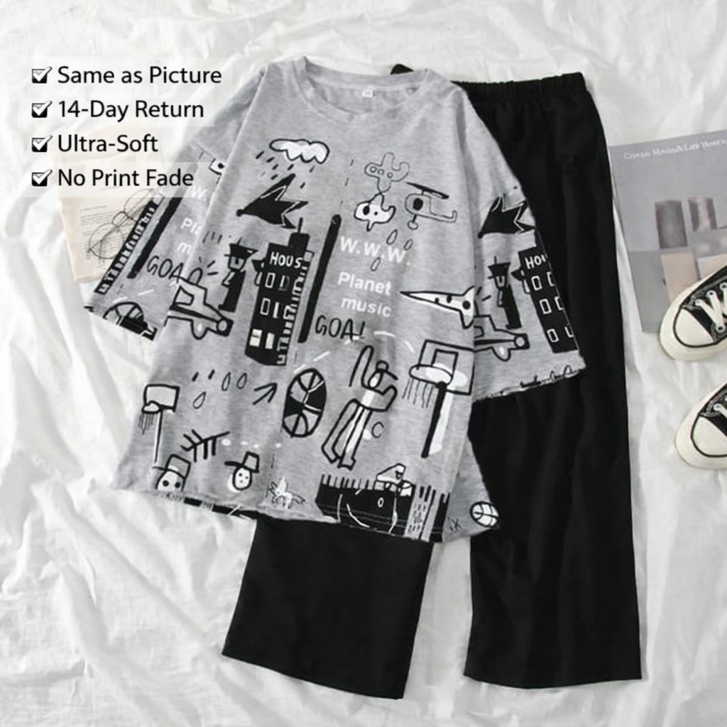 Women Plus Size Printed T-Shirt with Trouser Set Girls Comfortable and Quiet Outfit