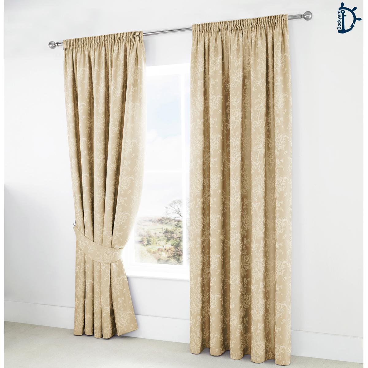 Jacquard Curtain Pair, Lined Tape Top Jacquard Curtains - Spring Garden Gold - 2 Pieces Window Curtain with Tie Back Pair