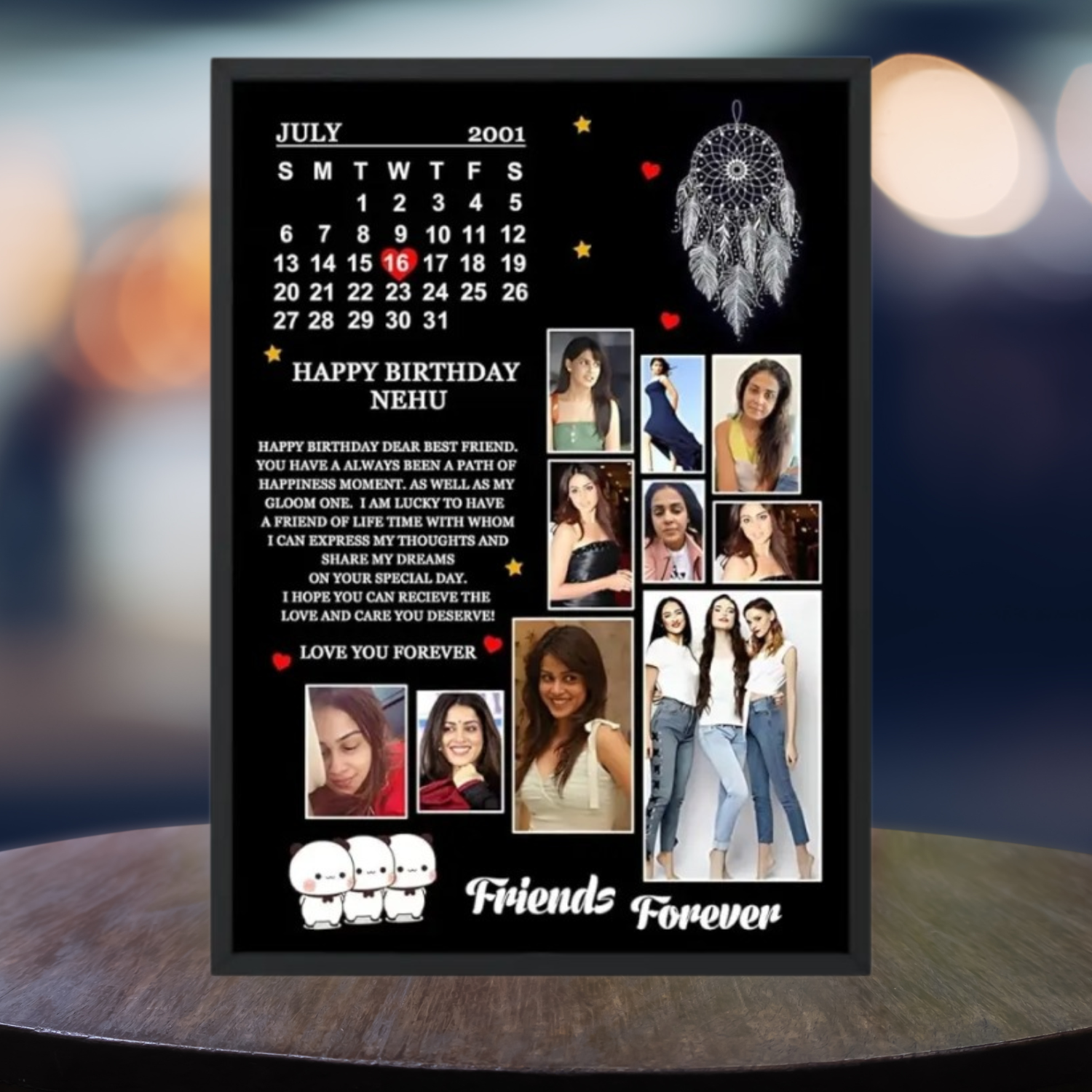 Customized Moon Shape Photo Frame for Wall Display Holds 16 Pictures Personalized Gift in 7x9 and 10x14 Sizes Black MDF