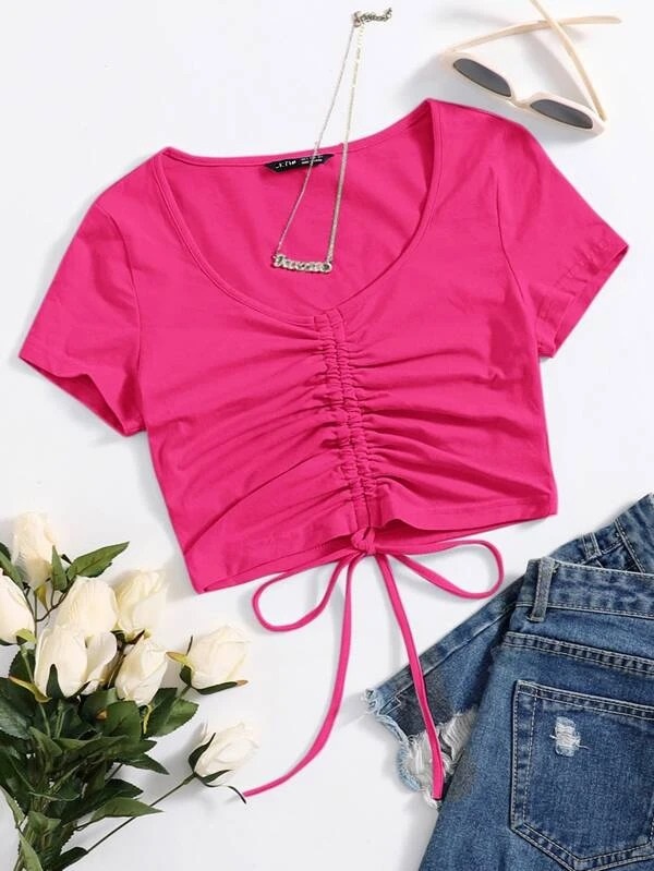 Women's Solid Drawstring Ruched Tee – Stylish and Trendy Cotton Blend (S-XL)