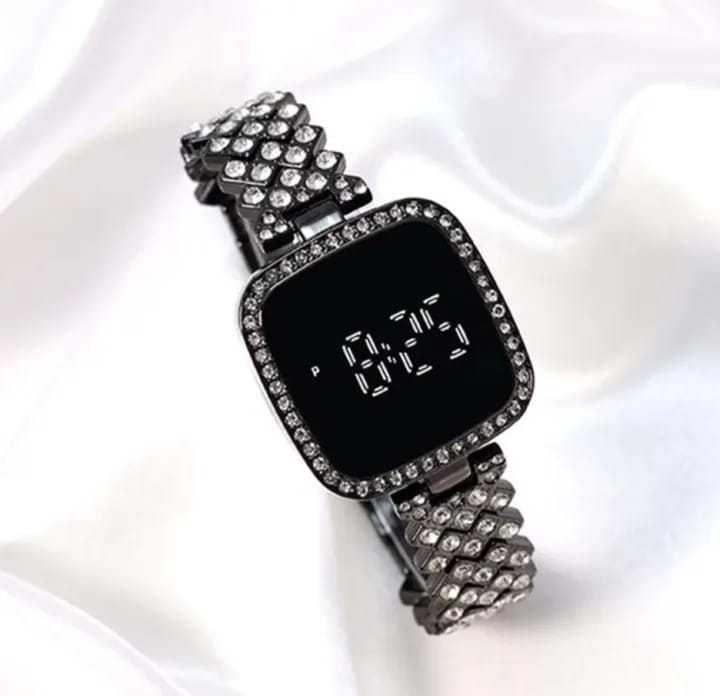 Full Diamond Touch Screen LED Watch Steel Chain with Diamonds Ladies Watches for Female Women Girls