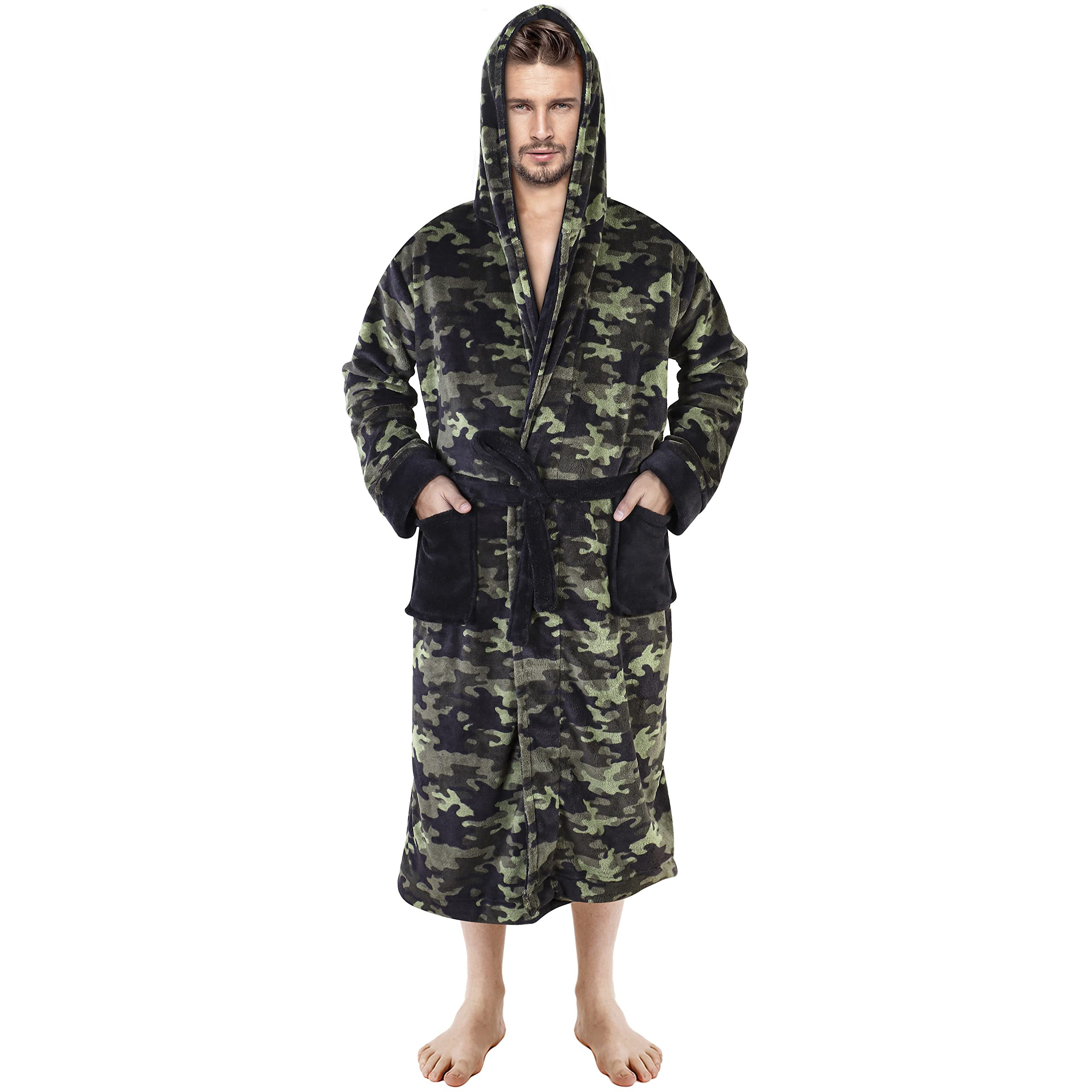 Fast Forward Mens Hooded Fleece Robe - Plush Long Printed Bathrobes