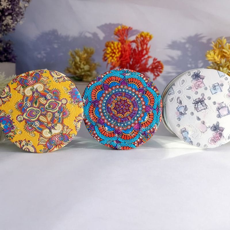 Round & Square Pocket Mirror - Double Sided Compact Makeup Mirror with Printed Design (Multicolor)