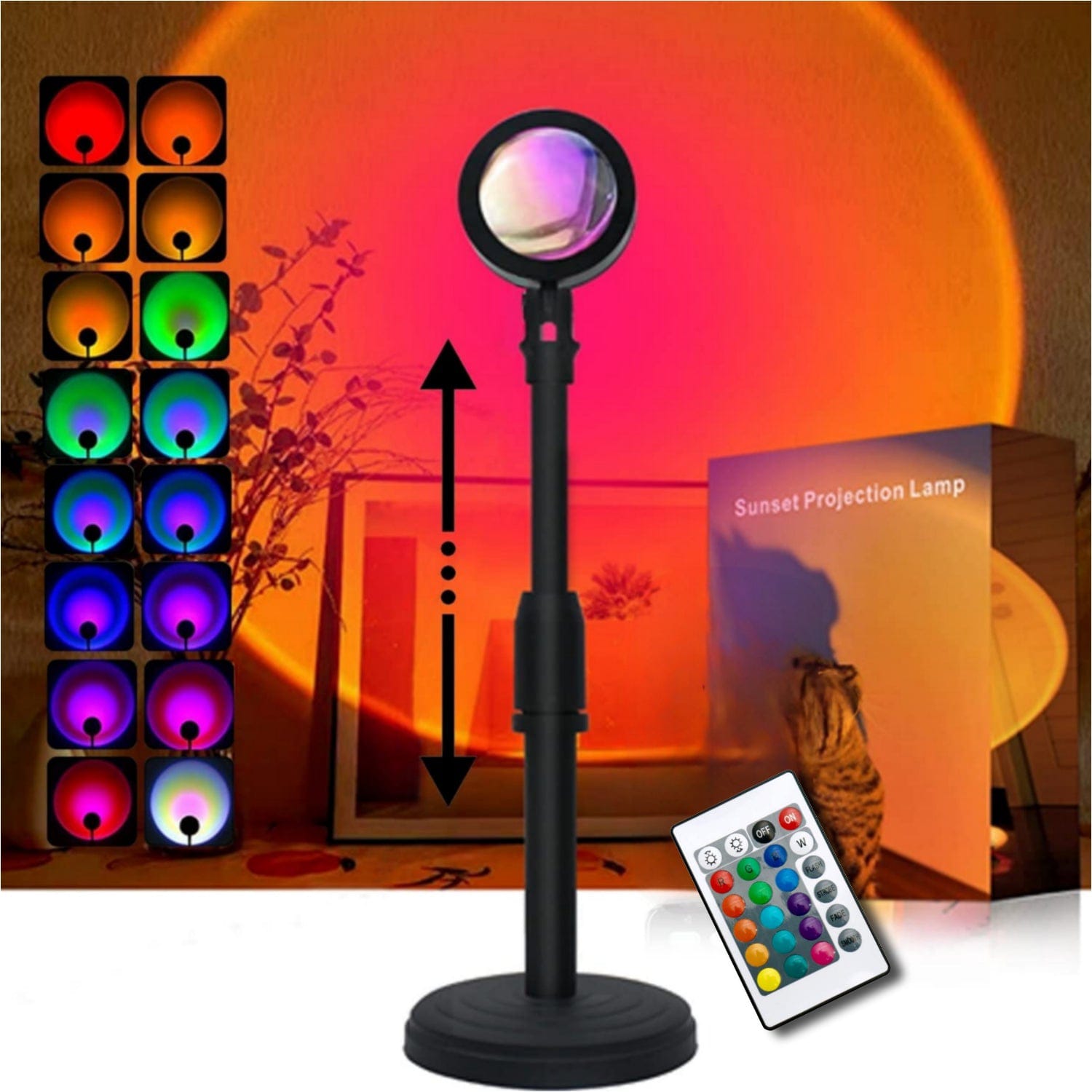 Sunset Lamp Projector 16 Colors RGB With Remote Control LED Night Light Lamp With Stand - Mobile Photography Backgrounds Sunlight Lamp Accessories Kit - Rainbow Lighting Modes USB Powered - Table Lamp For Bed Room Side Table Night Lamp For Photoshoot