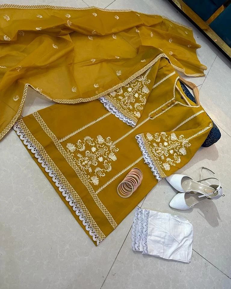 Dark Green Cotton Embroidered Kurti Set for Women – Stylish 3 Piece Suit with Pant & Dupatta main image 0
