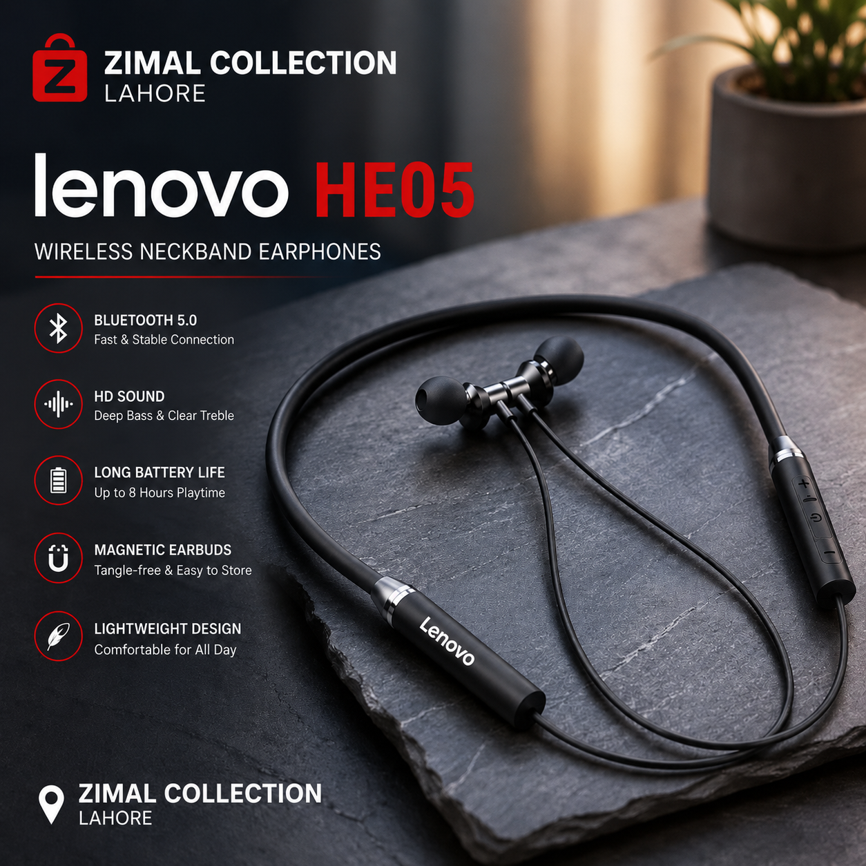 Lenovo HE05 Wireless Neckband Bluetooth 5.0 Headphone Wireless Headset With Heavy Bass Stereo Earphones High Quality Magnetic Attraction Intelligent Noise Reduction Cancelling Sports Headset
