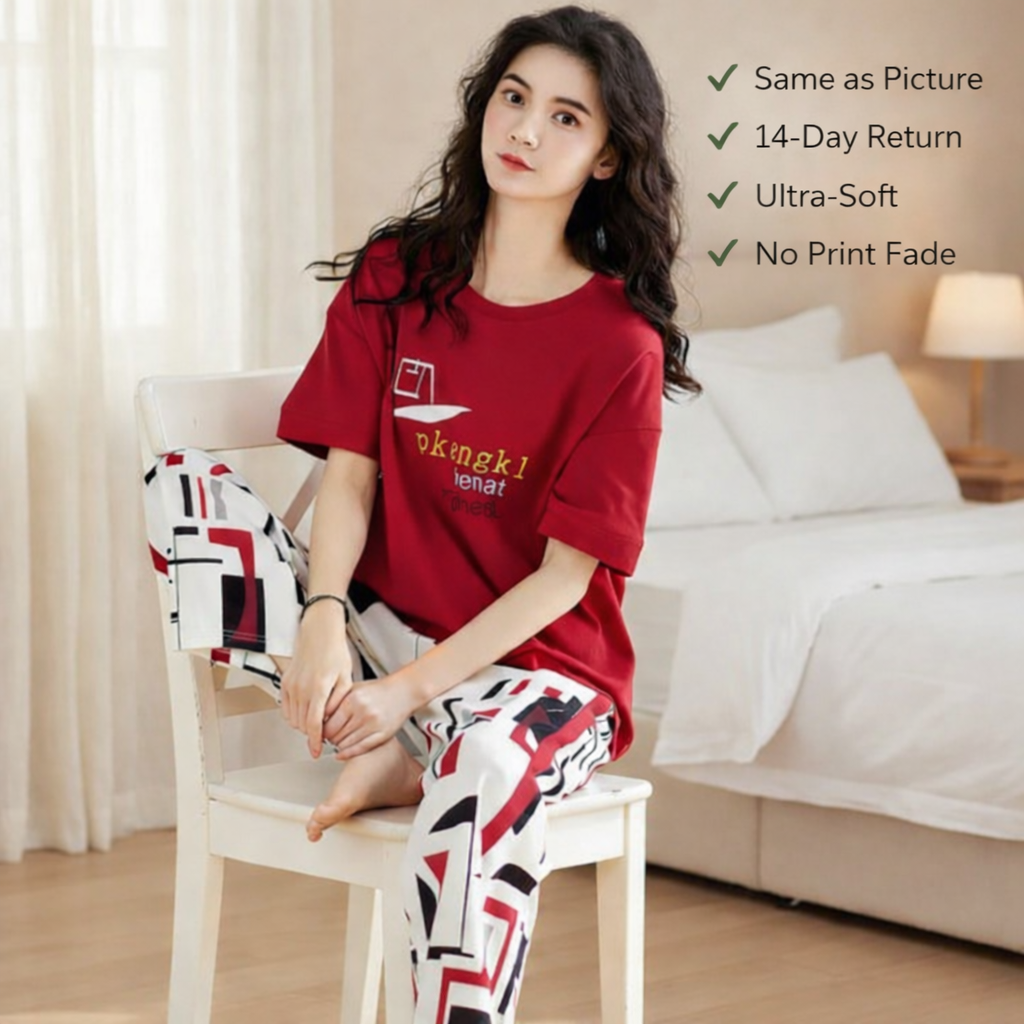 Red Printed Nighty Pajama for Women & Girls – Comfortable Cotton Nightwear for Sleep & Lounge