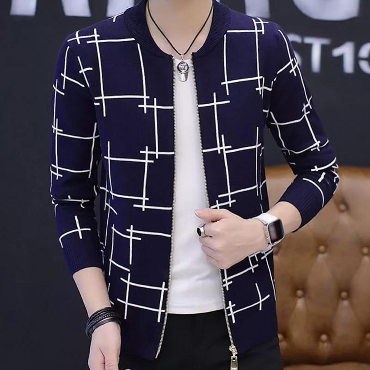 White Liner Printed Zipper Winter Jacket For Men