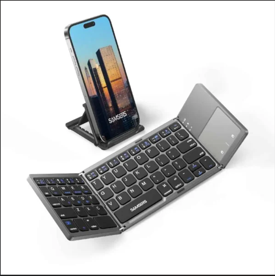 Foldable Keyboard with Touchpad – Tri-Fold Bluetooth Wireless Keyboard, Portable Ultra Slim Rechargeable Keyboard for iOS Android Windows Tablet Laptop Smartphone