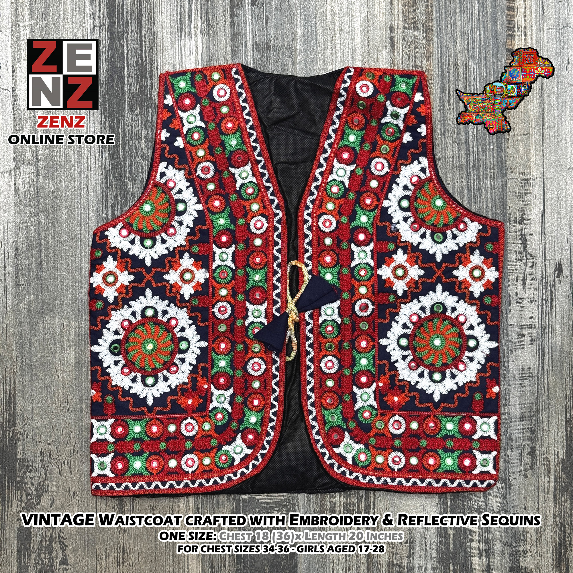 Pakistani Sindhi Turkish  Traditional & Cultural Wear Embroidered Waist Coat Koti for Adults Girls Females for Chest Size 18 x 20 Inches Multicolour by ZENZ Vintage Waistcoat