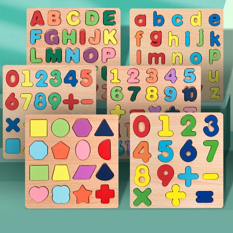 Wooden Slates Educational Learning Puzzle Set for Kids – ABC Alphabets Letters, 123 Numbers & Geometric Shapes | Small & Capital ABC Wooden Matching Game | Preschool Early Learning Wooden Board | Best Gift for Kids