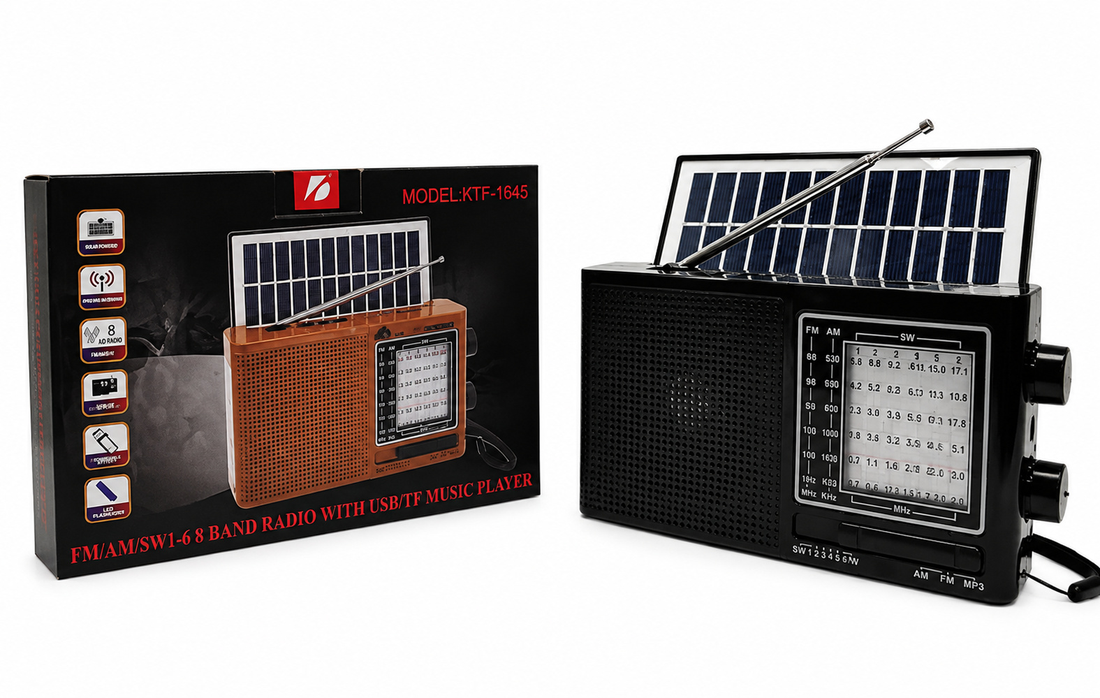 KTF-1645 Portable Wireless Radio Receiver | High Quality Solar Panel Multiband AM FM Radio USB TF Card Slot | Wireless BT Speaker Function with Built-in LED Torch Light | Rechargeable Outdoor Survival Music Box for Home Theater Sport Park Travel Accessory