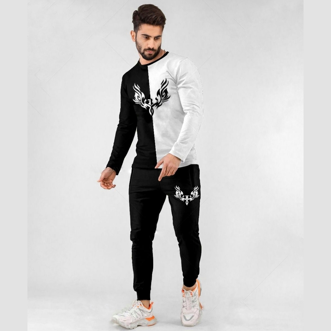 REVIBE - Black & White WIngs Printed Full Sleeves T shirts For Men - Soft & Comfy Fabric Trouser With T shirts for men