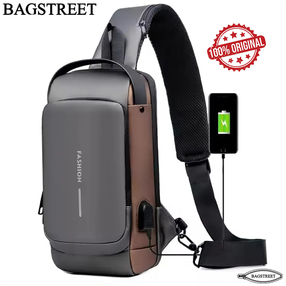 BAGSTREET New Waterproof Anti-Theft Unisex Sling Crossbody Bag with USB Charging Port and Combination Lock - Black