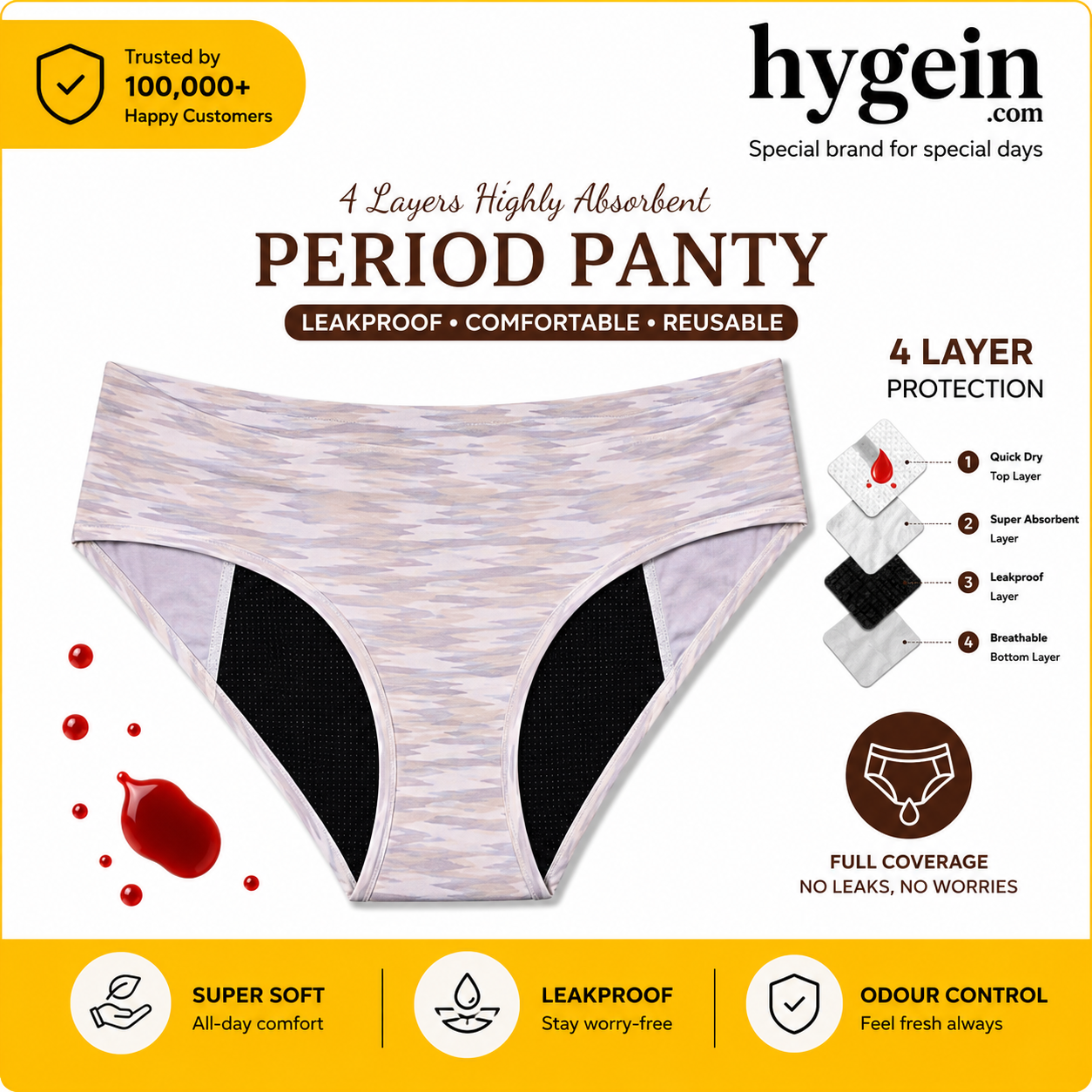 Hygein High Waist Reusable Period Underwear Brief Panties 4 Layers Leak Proof Highly Absorbency