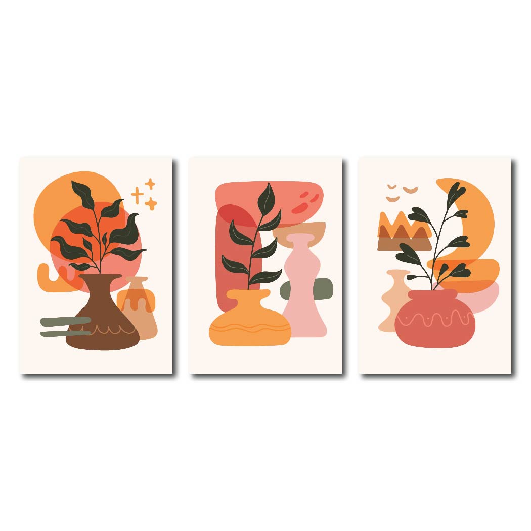 Set of 3 Abstract Art Wooden Sticky Phototiles | Premium Frame Set for Wall Decoration | Modern Room Decor Hanging Items for Home, Office & Bedroom