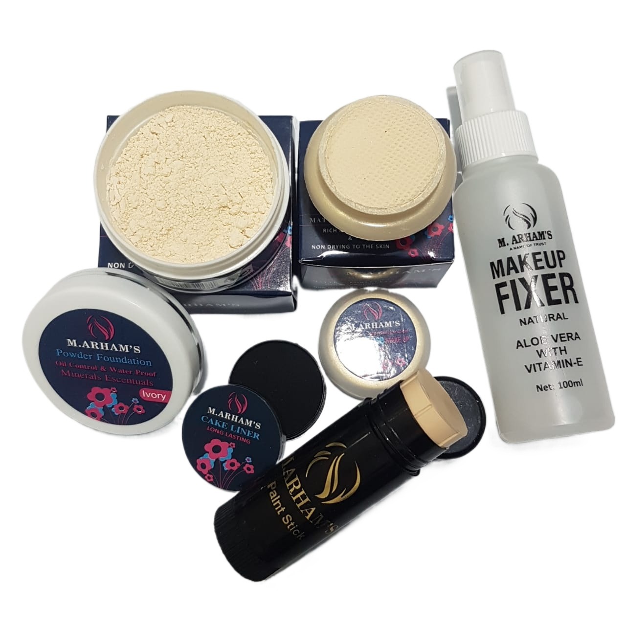 5 Items Deal Makeup Fixer Spray Foundation Stick Loose Powder Cake Liner and Bridal Base