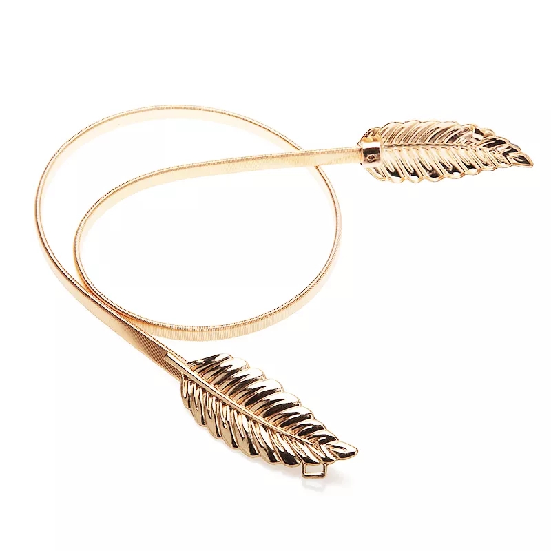 2022 New Leaf Shape Belts For Girl Women's Belt Gold Silver Leaf Elastic Metal Stretch High Waist Band Dress Cummerbund Wedding