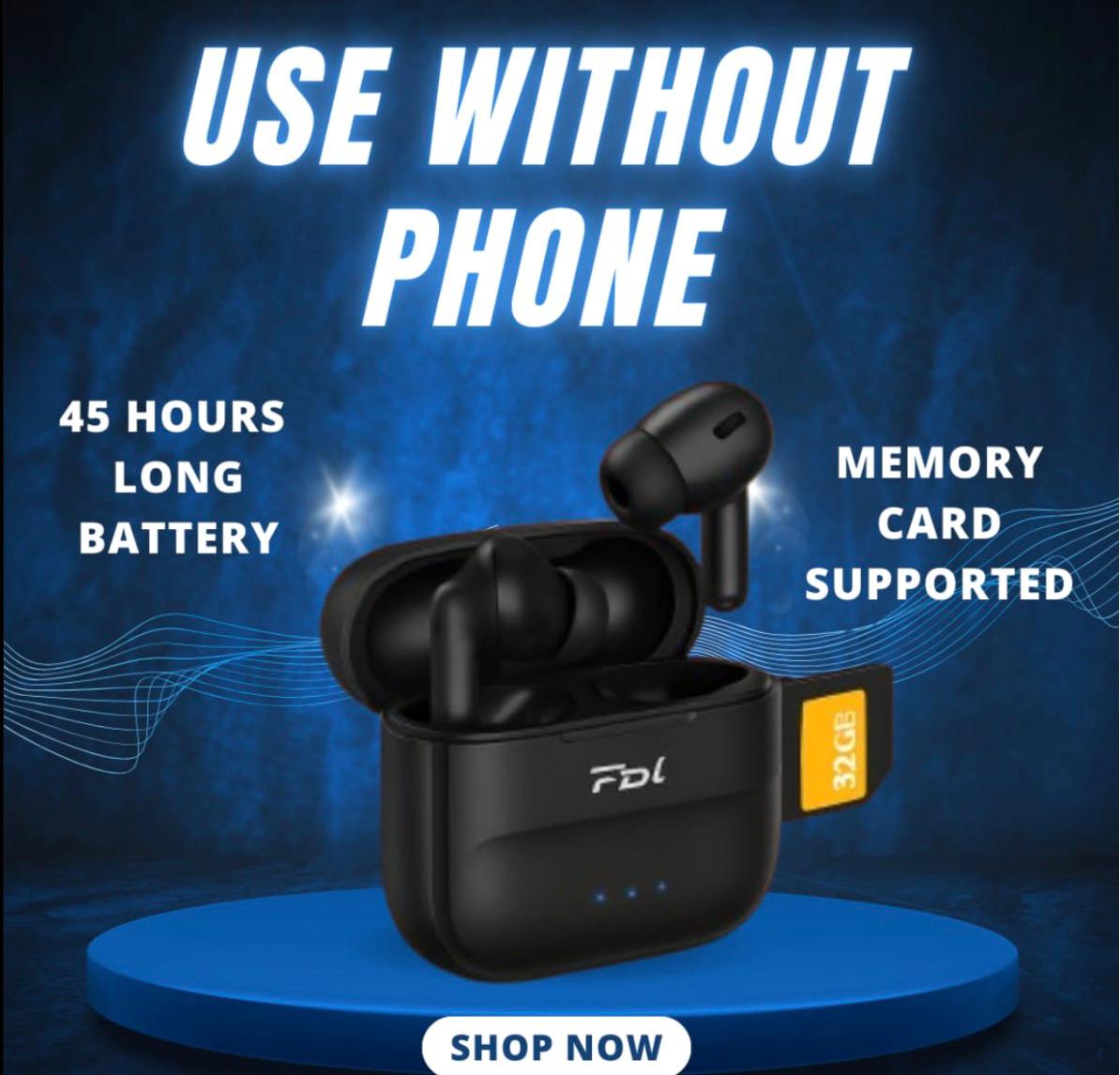 FD1 Original TWS Wireless Earbuds Bluetooth 5.3 | Built-in SD Card Slot MP3 Player | HiFi Sound Touch Control Noise Reduction Sports Gaming Handfree - Black