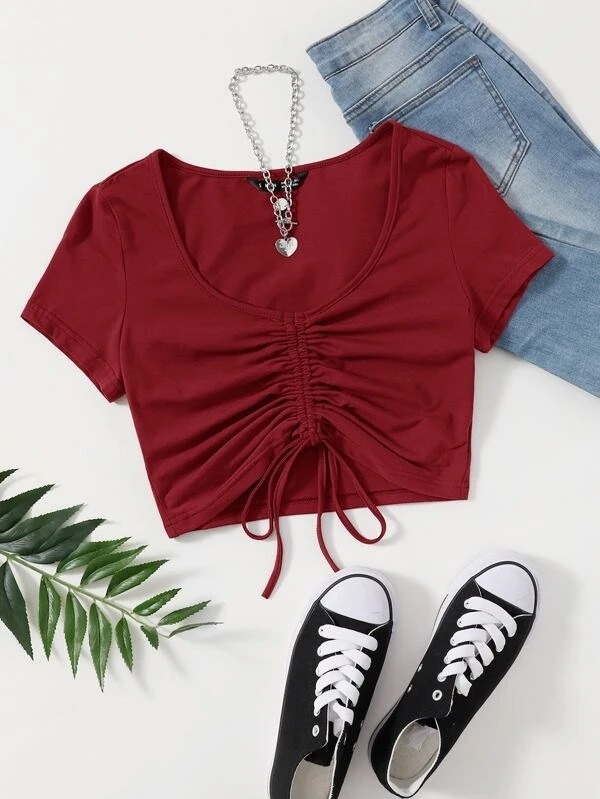 Women's Solid Drawstring Ruched Tee – Stylish and Trendy Cotton Blend (S-XL)
