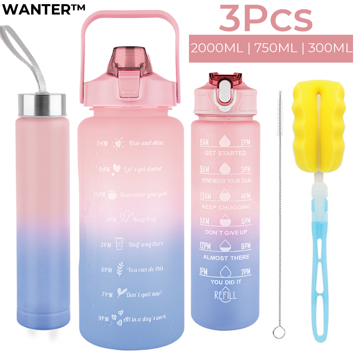 3pcs 2pcs Motivational Water Bottle With Straw, Bottle & Straw