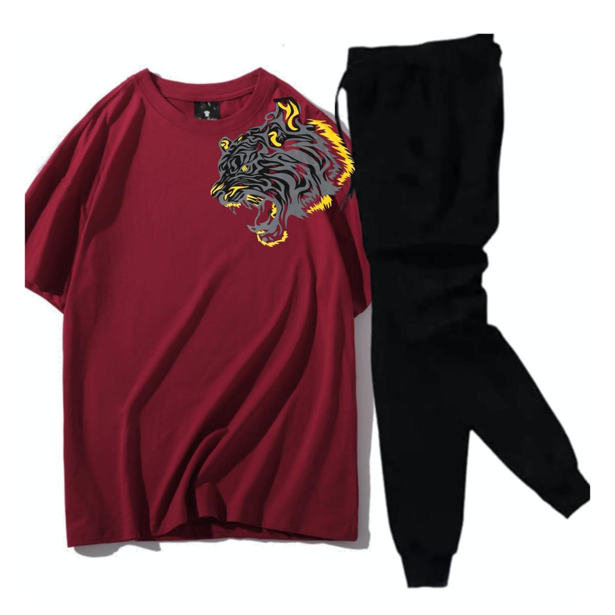 Maroon Stylish Printed Tshirt & Trouser tracksuit for men - Trouser shirt for men - Tshirt+Trouser