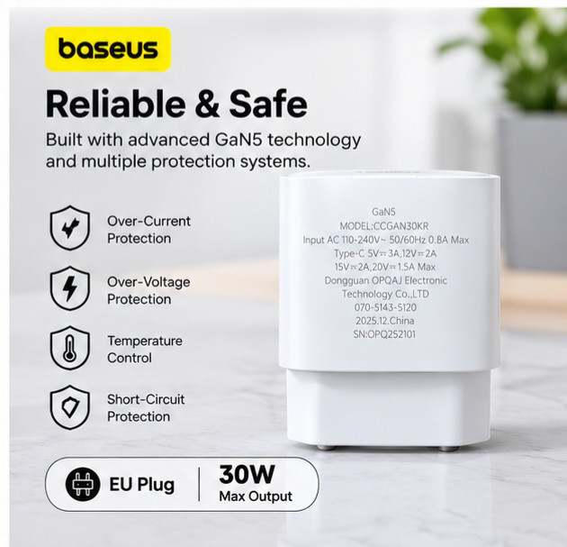Baseus 30W PD China Laat GaN5 USB-C PPS and PD Fast Charger Adapter for Samsung Galaxy, Google Pixel All Mobiles Supported With Universal Compatibility