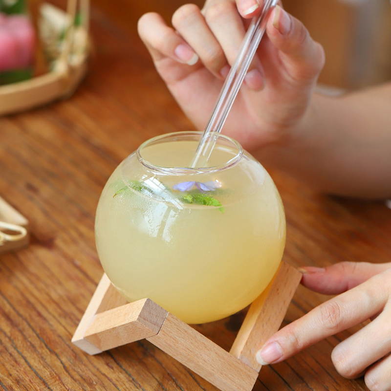 Cocktail Glass Cup With Wood Stand Creative Bar Glassware Drink Ronud Ball Mug Fruit Moon Juice Tumbler