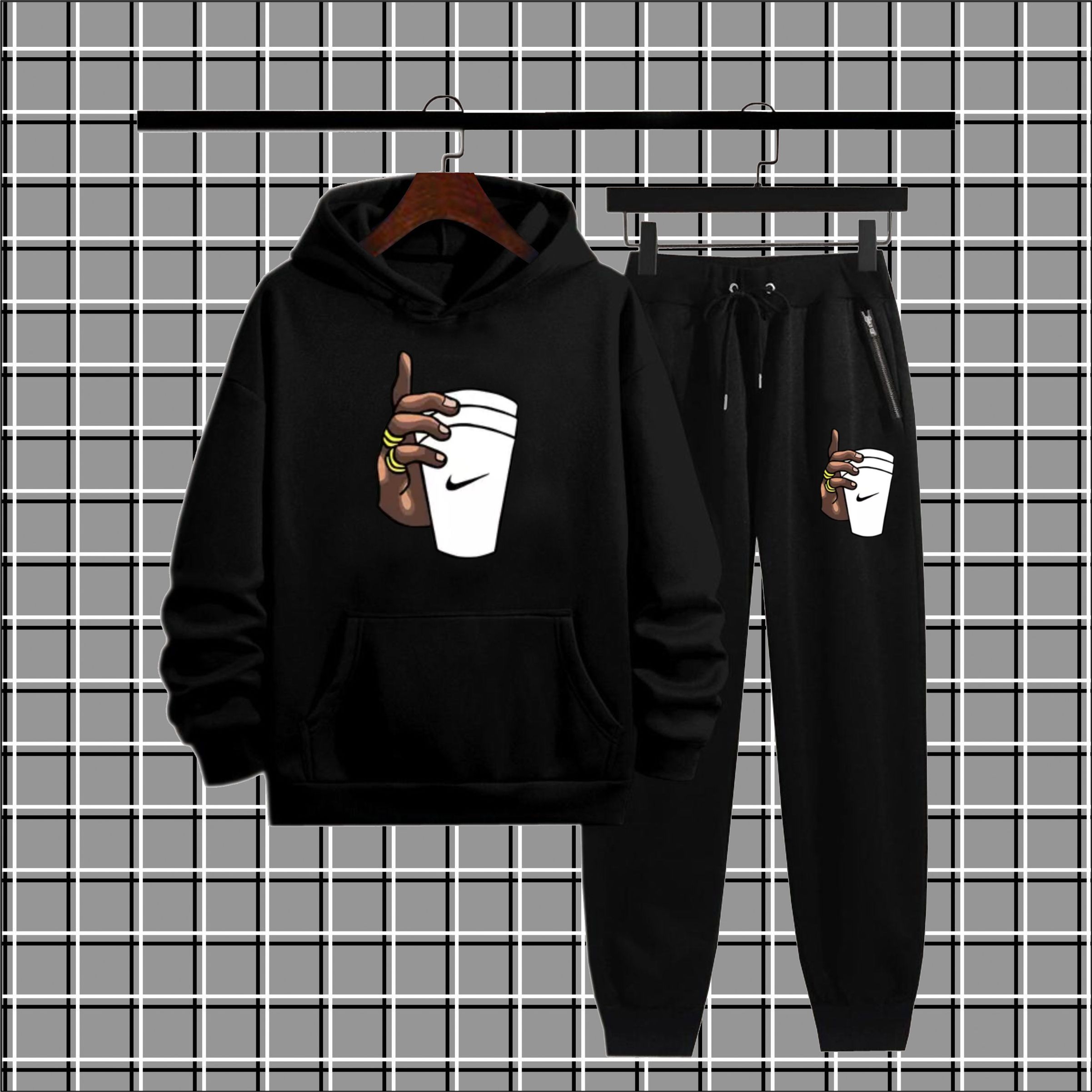 Black hand with coffee printed winter fleece kangroo hoodie + trouser tracksuit for men and boys