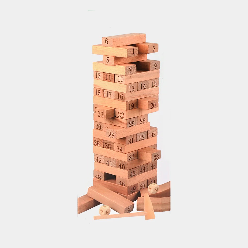 Number Jenga Wooden Stacking Game for Kids & Adults Blocks 54 Pieces with Dice