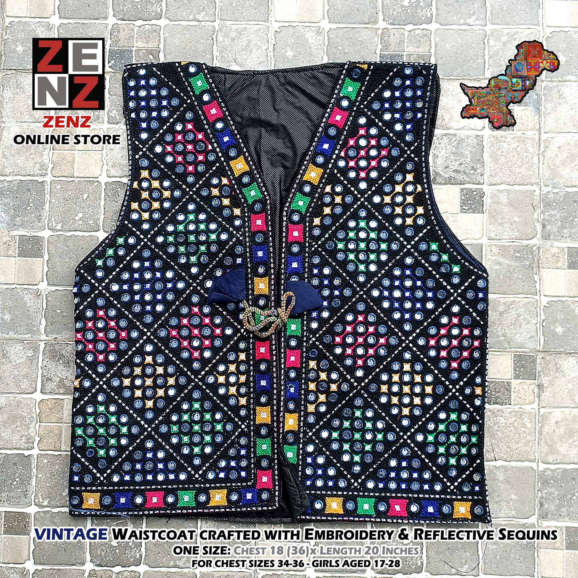 Pakistani Sindhi Balochi Pathan Kashmiri Traditional & Cultural Wear Waistcoat Koti Aari Embroidered Multicolor by ZENZ