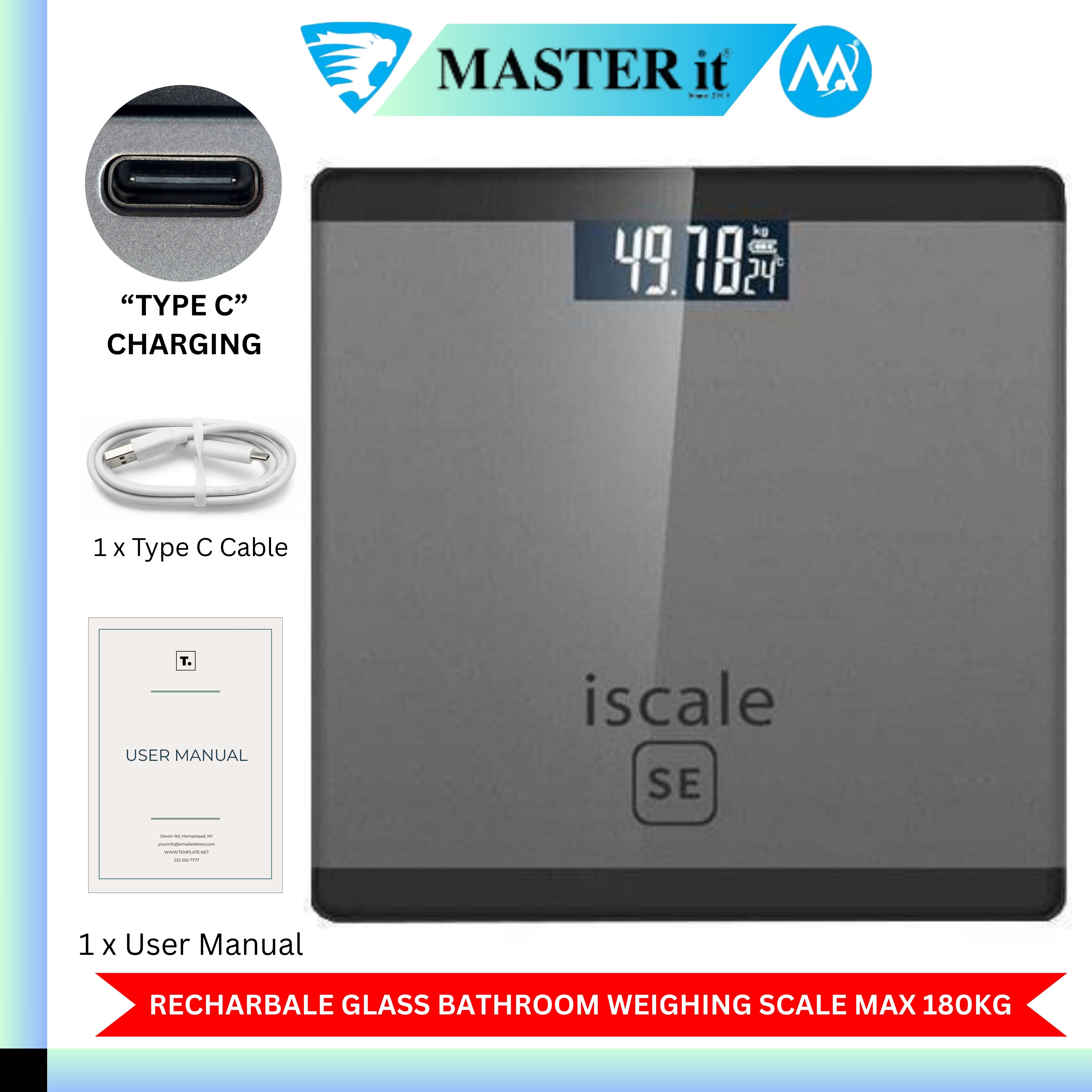 Upto 180kg iScale Type C Charging Rechargeable Weight Machine - Digital Heavy Duty Electronic Weighing Scale with Type C Charging Dual LED Display - Weight Machine With Durable Steel Quality - For Home & Personal Use - Black/Golden/Pink/Silver