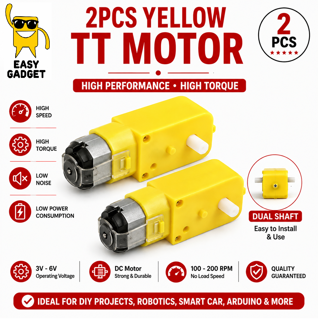 2Pcs Double Shaft 5v Yellow TT Motor DC Robot Gear Motor for DIY Projects 5V | 180RPM
