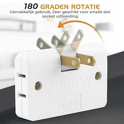 3-Way Flat Wall Outlet Adapter – Swivel 180° Rotating Plug Splitter, 2-Pack, Fireproof PC, Compact For Home, Travel & Office (Black/White)