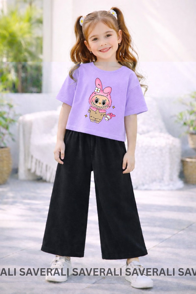 Eid Collection Kids Girls Labubu Printed T-Shirt & Flapper Suit | Soft Cotton | Cute & Comfortable | Ages 3–10 Years