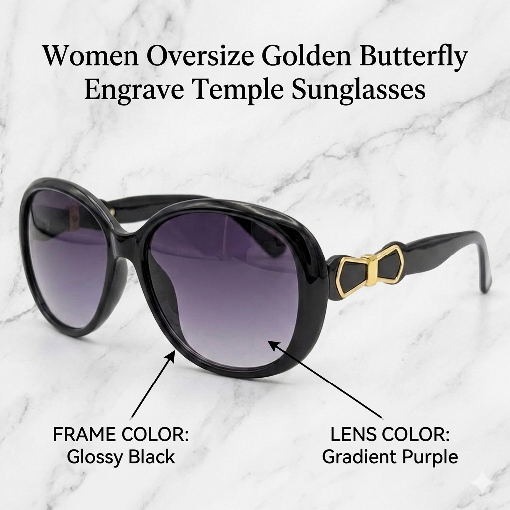 Bestwear.pk Luxury Oversized Sunglasses for Women - Stylish Black Round Frame Eyewear with Gold - UV400 Protection Gradient Purple Lens Sun Glasses for Girls - Oval Shape Eyeglasses Shades for Ladies