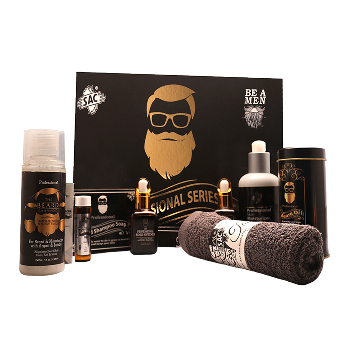 Beard kit - Professional Series - 7 in 1 - Beard Oil Strong + Moustache Oil + Beard Bar + Beard Shampoo + Skin Lotion + Beard Softener Serum + Face Towel - SAC