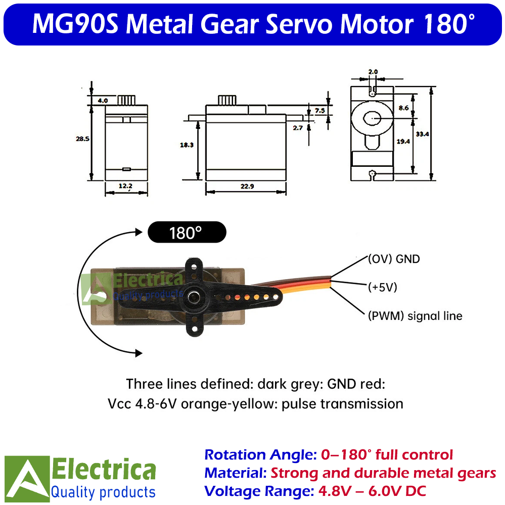 MG90S Metal Gear Micro Servo Motor 12g 180 Degree for Arduino, RC Helicopter, Drone, Car by Electrica