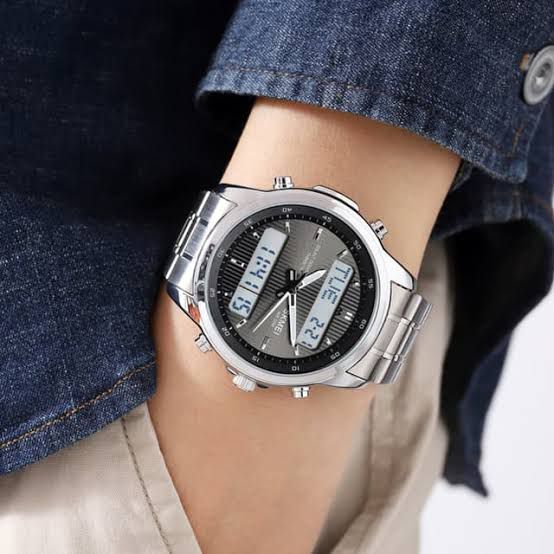 Premium Dual Time Men’s Digital Analog Watch – Steel Chain, Water Resistant, Full Function Display