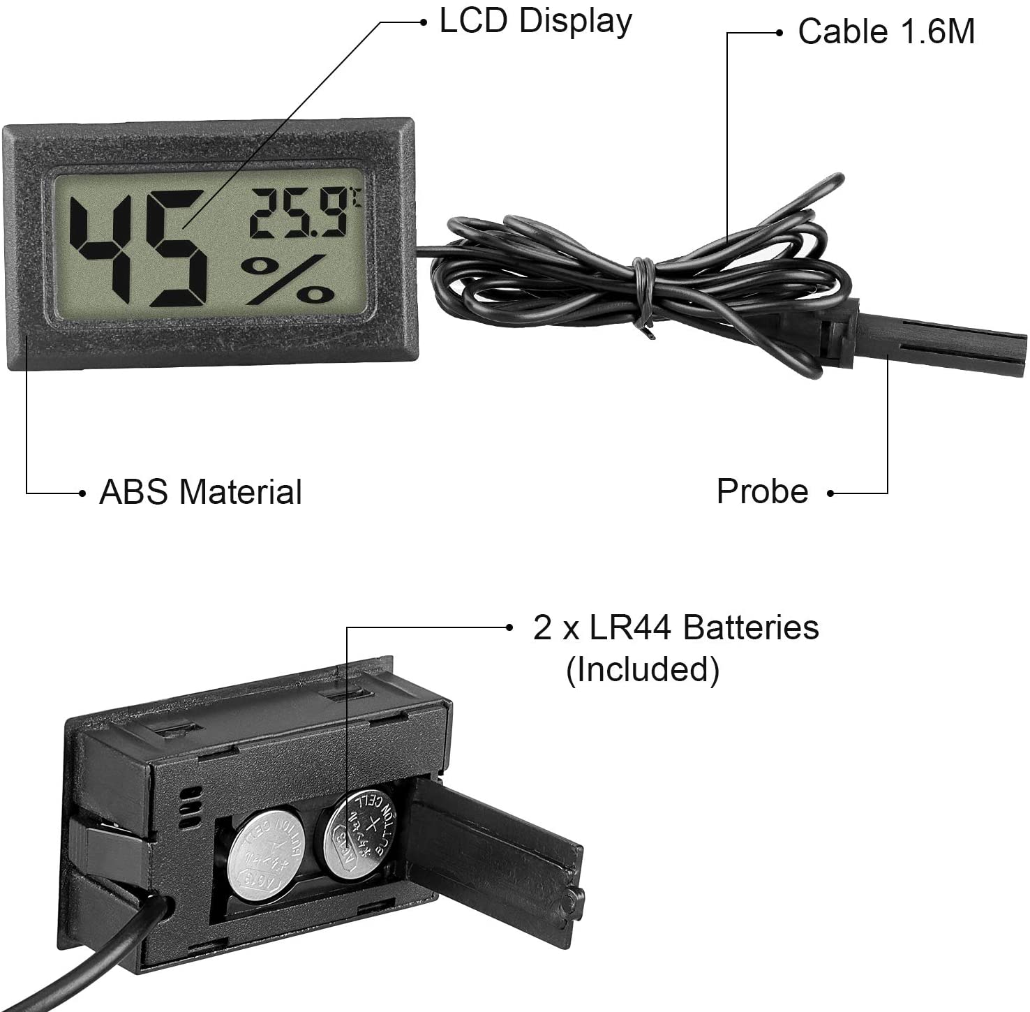 Mini LCD Digital Thermometer Hygrometer Temperature Indoor Convenient Humidity Sensor for Incubator, Reptile Plant Terrarium, Humidor, Guitar Case, Greenhouse