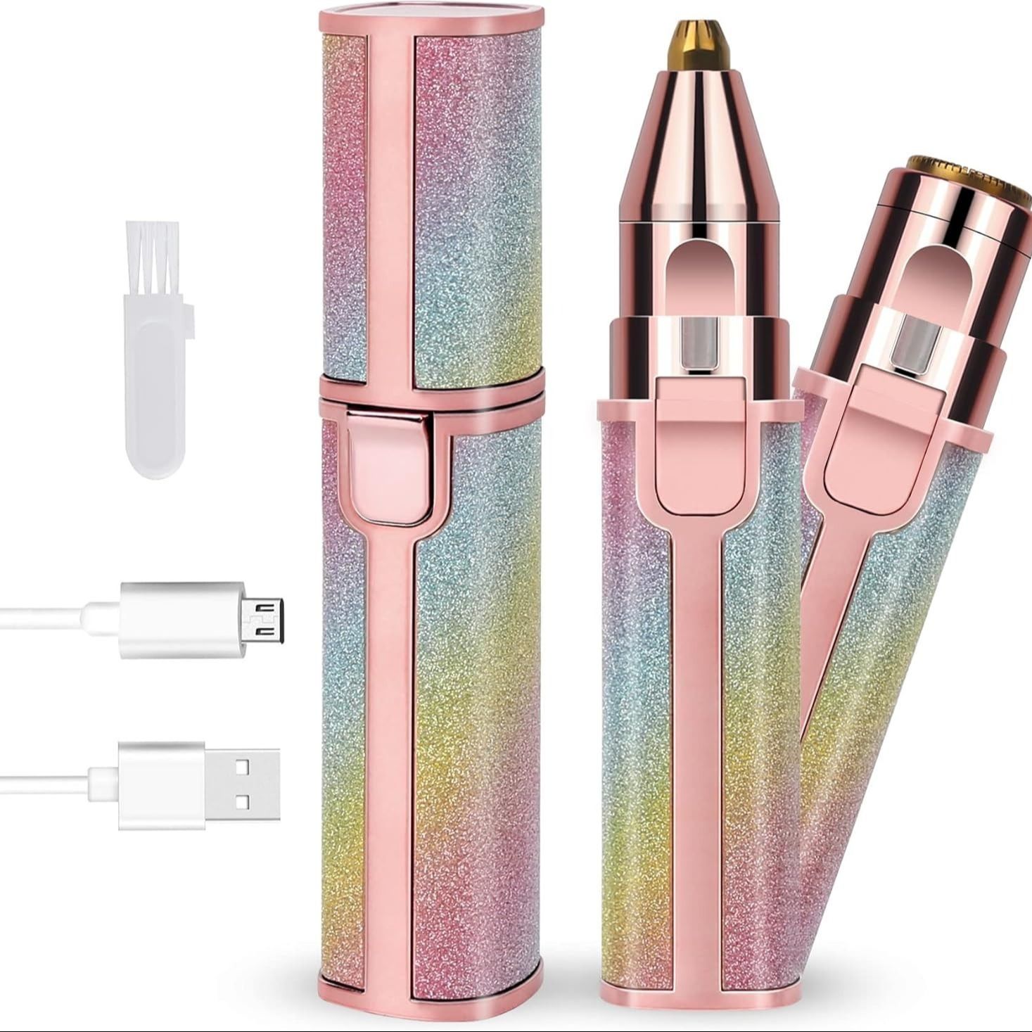 2 in 1 Painless Facial Hair Remover for Women, Rechargeable Electric Eyebrow & Face Hair Trimmer with LED Light, Portable Hair Removal Machine for Upper Lip, Chin, Legs, Armpits & Bikini Area, USB Charging