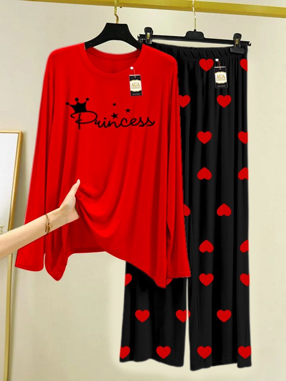 Princess Printed Nightwear Set with Black Mini Heart Printed Trousers – Women's Lounge Wear (006)