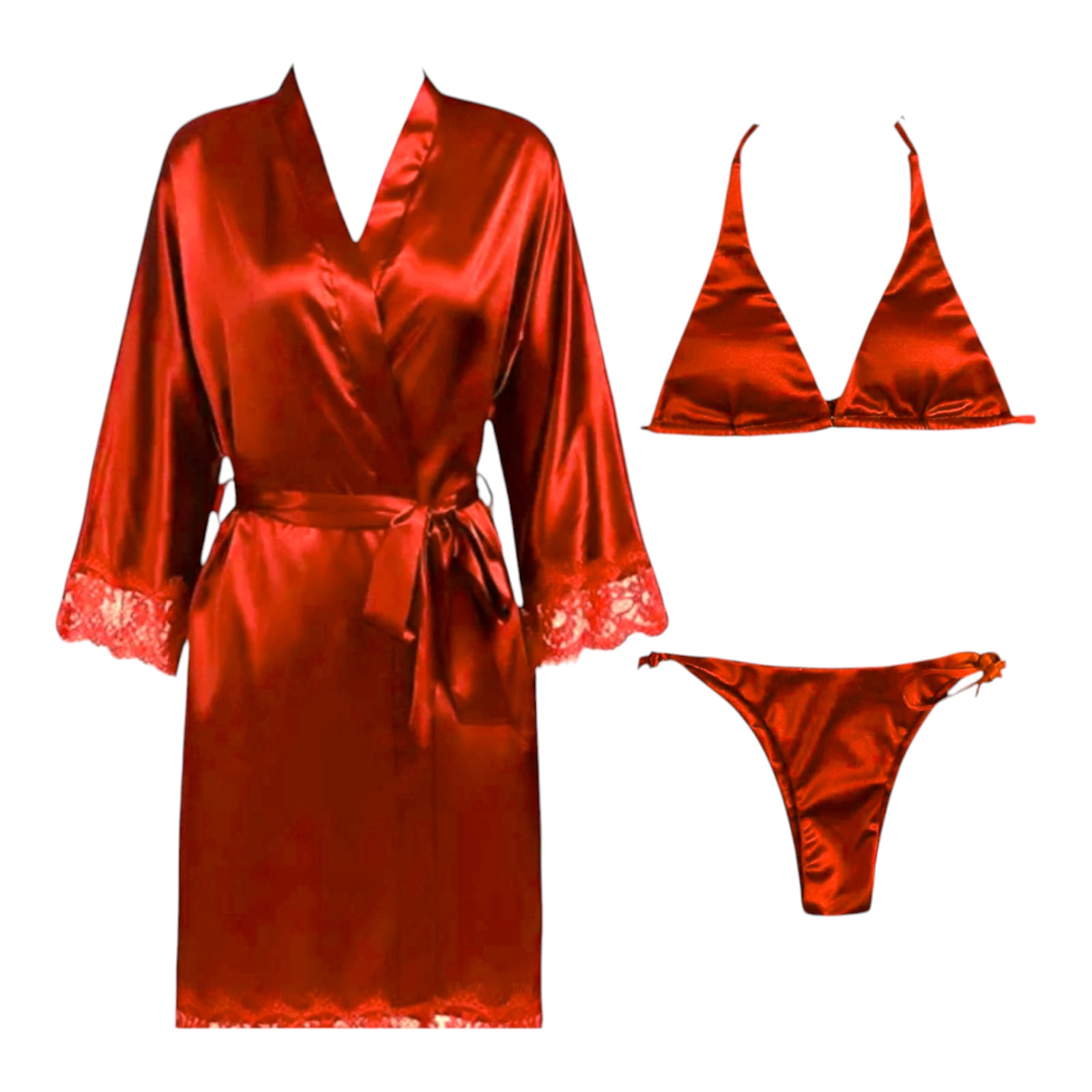 MO MEMON 3-Piece Silk Satin Nighty Set – Bridal Lingerie with Robe