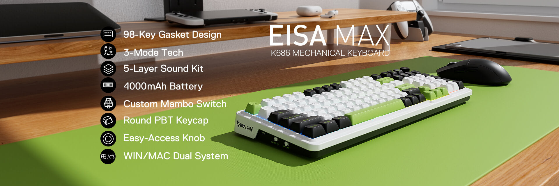 Redragon K686 EISA MAX 98 Keys Wireless Gasket RGB Gaming Keyboard 3-Mode Hot-Swap Socket, Dedicated Knob Control & Custom Linear Switch 16 622429cca0130c1e73f9ef757ccfac4e